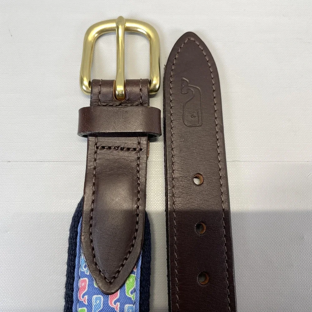 Vineyard Vines Ribbon Belt Kids Youth Size 24 Blue Whale Print Leather Brass USA